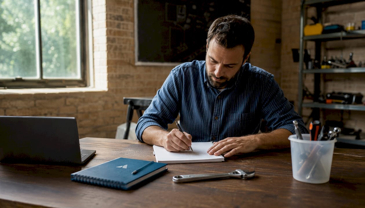 Un technicien en atelier en train de rédiger une fiche technique.