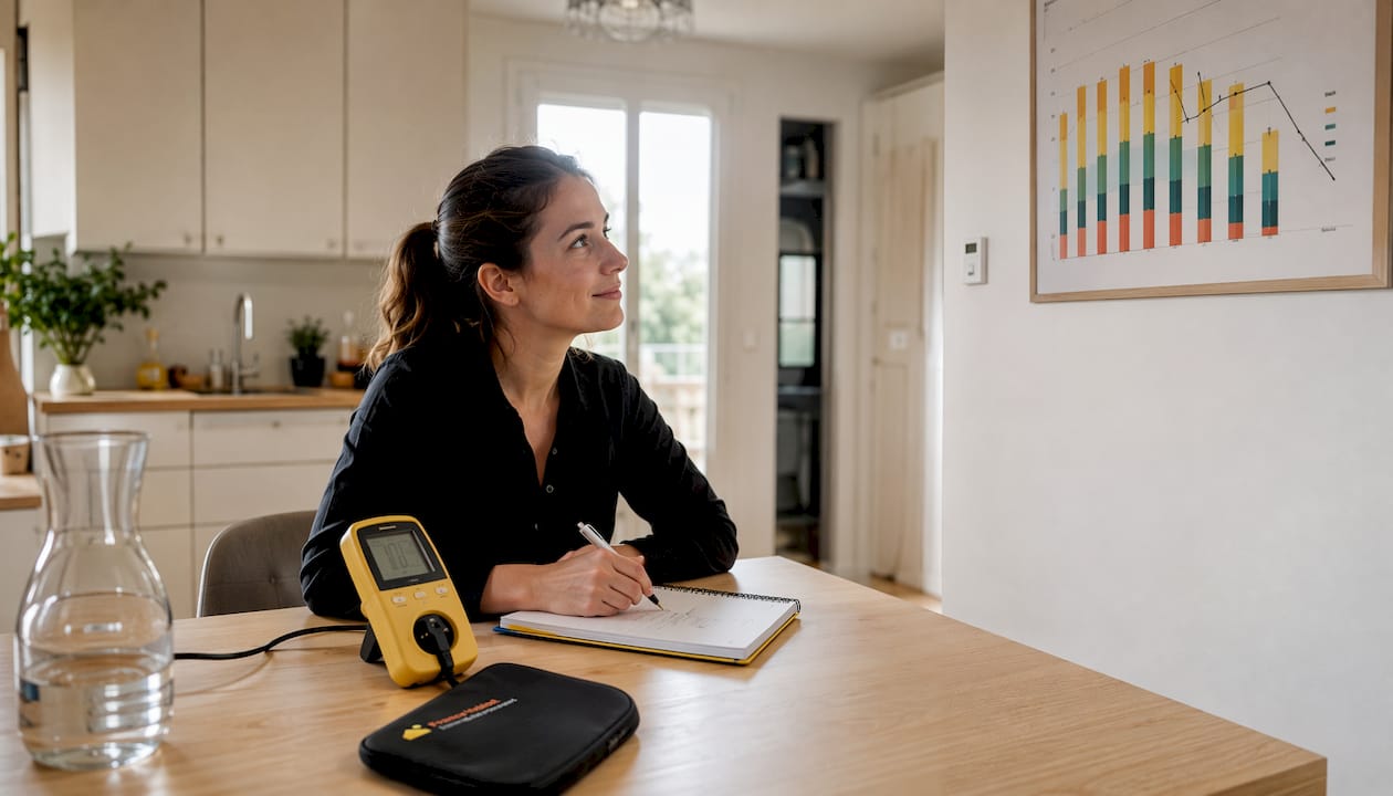 Une femme surveille sa consommation d’électricité à l’aide d’un wattmètre.
