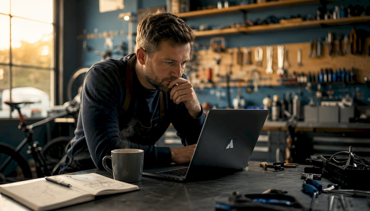 Un homme gère son atelier de réparation de vélos grâce à un logiciel dédié.