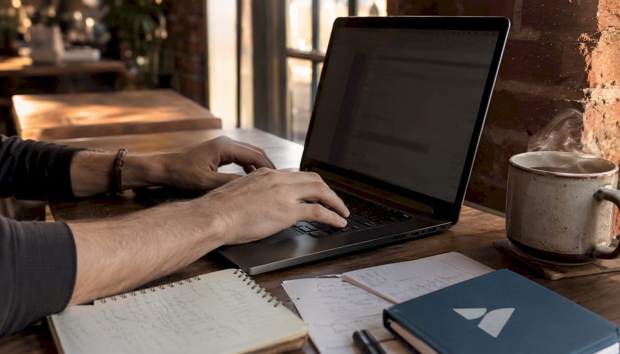 Des mains s'activent sur un clavier, entourées de documents de travail.