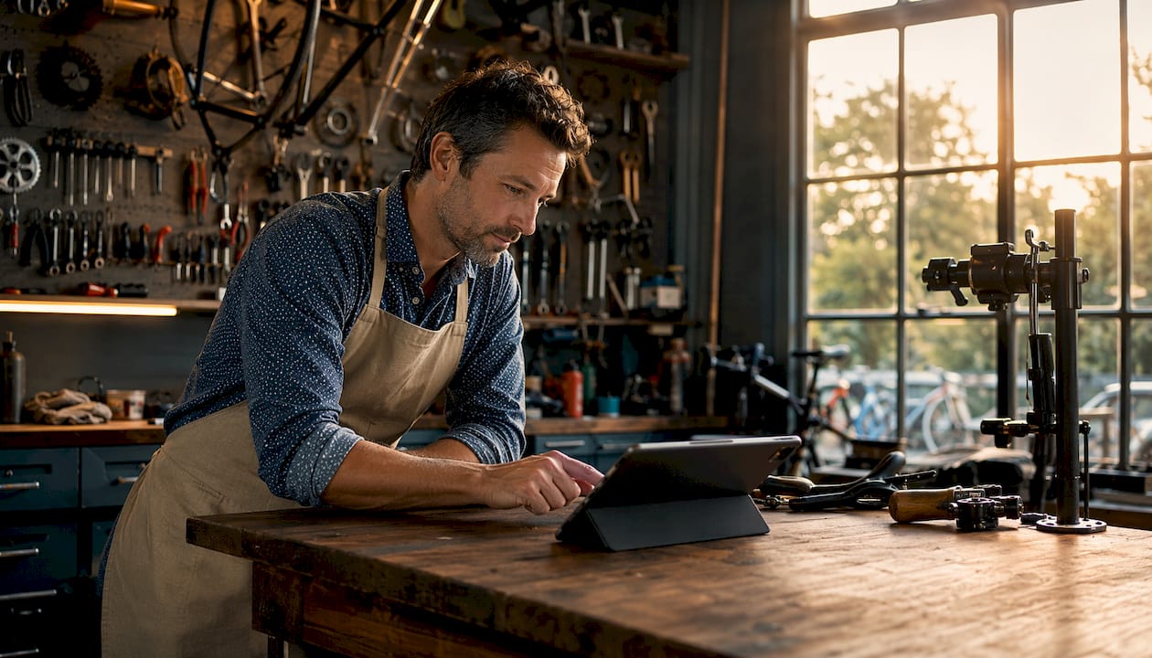 Un mécanicien cycle en atelier en train de travailler sur une tablette numérique