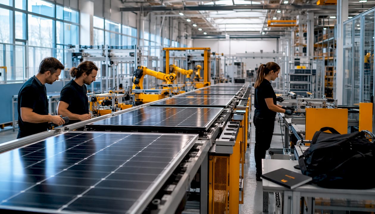 Zoom sur des panneaux solaires en cours d’assemblage sur la chaîne de production.