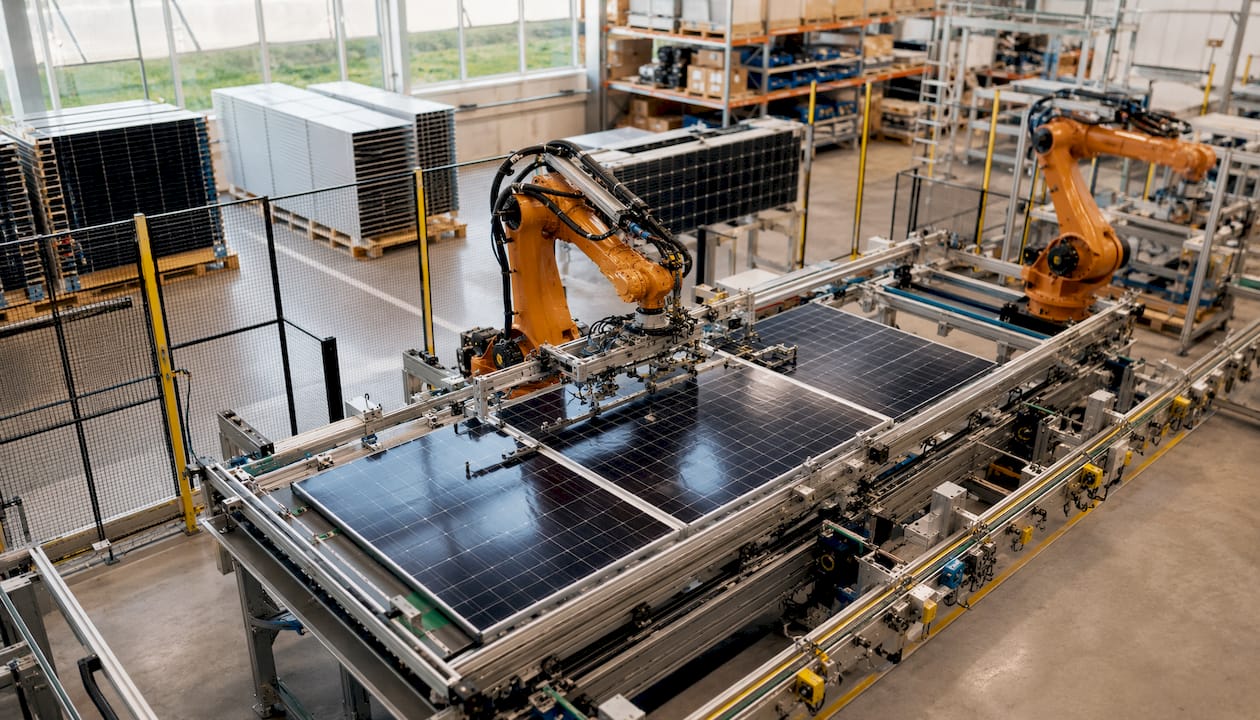 Chaîne de production de panneaux solaires en intérieur au sein d’une usine