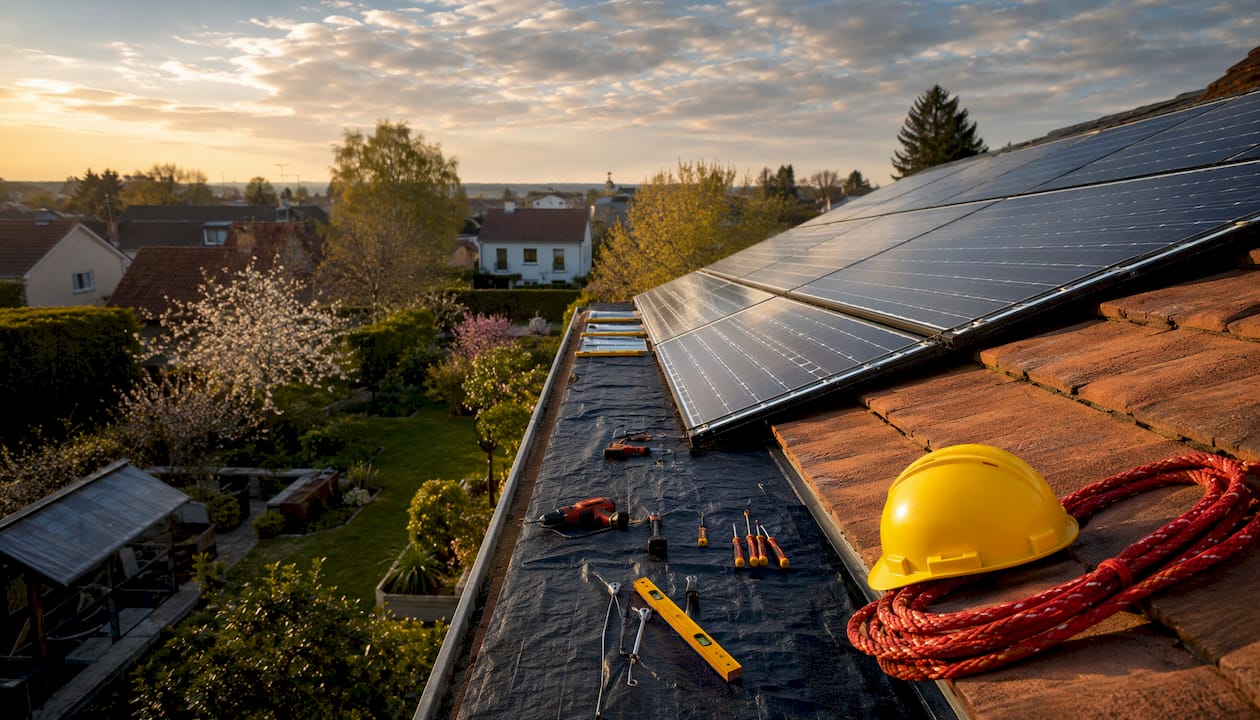 Travaux d’installation de panneaux solaires avec port des équipements de sécurité