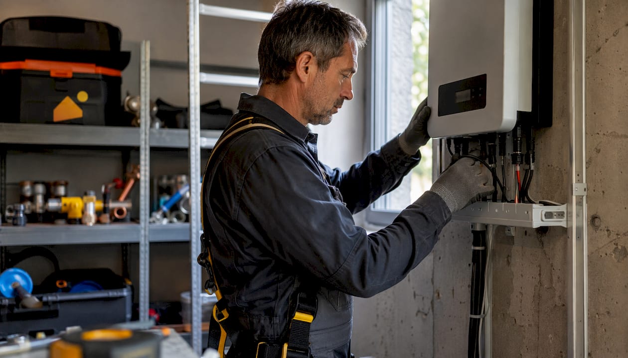 Des mains en train de régler un appareil de contrôle pour une installation solaire