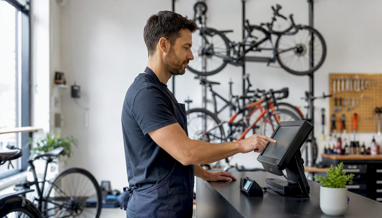 Client utilisant l’écran tactile de la caisse dans un magasin de vélos