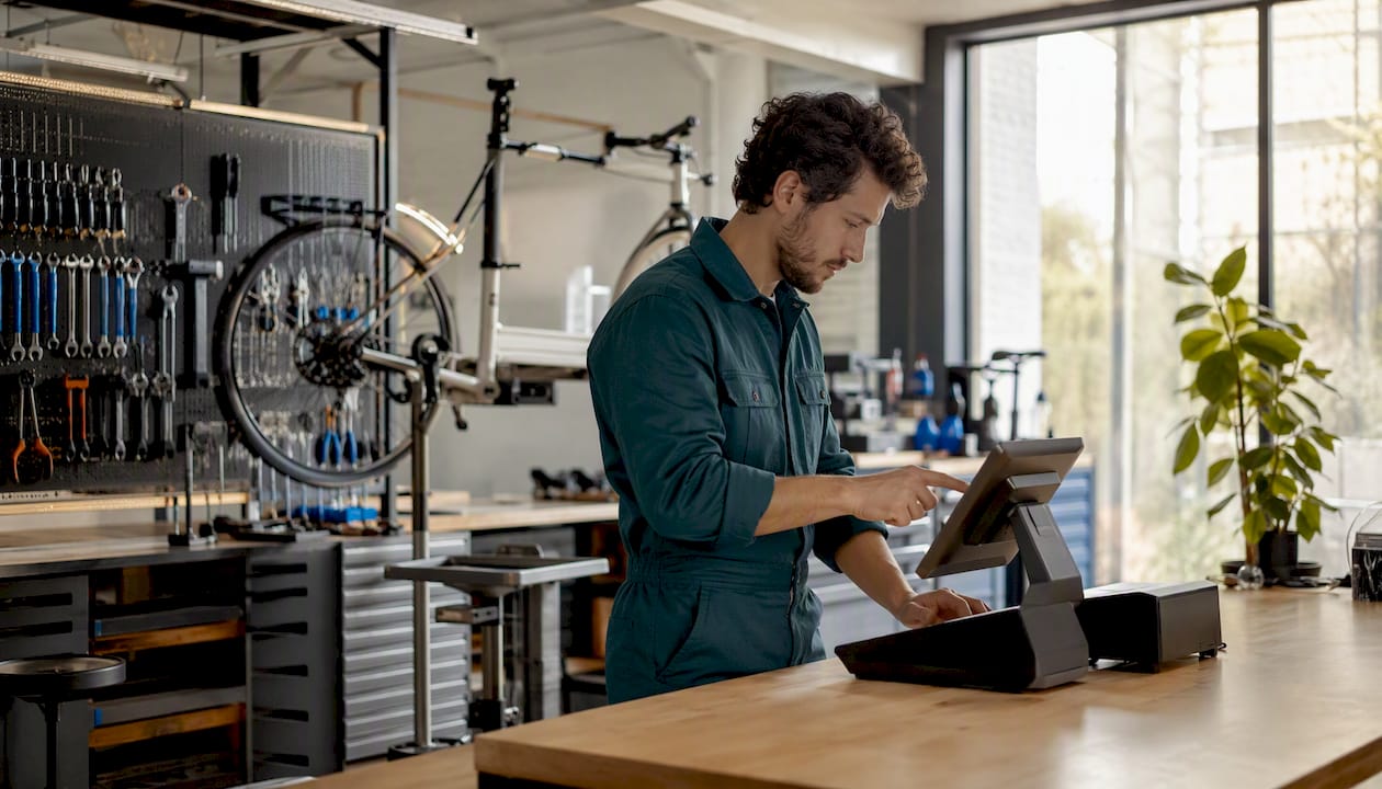 Zoom sur des mains manipulant l’écran tactile d’un vélo connecté.
