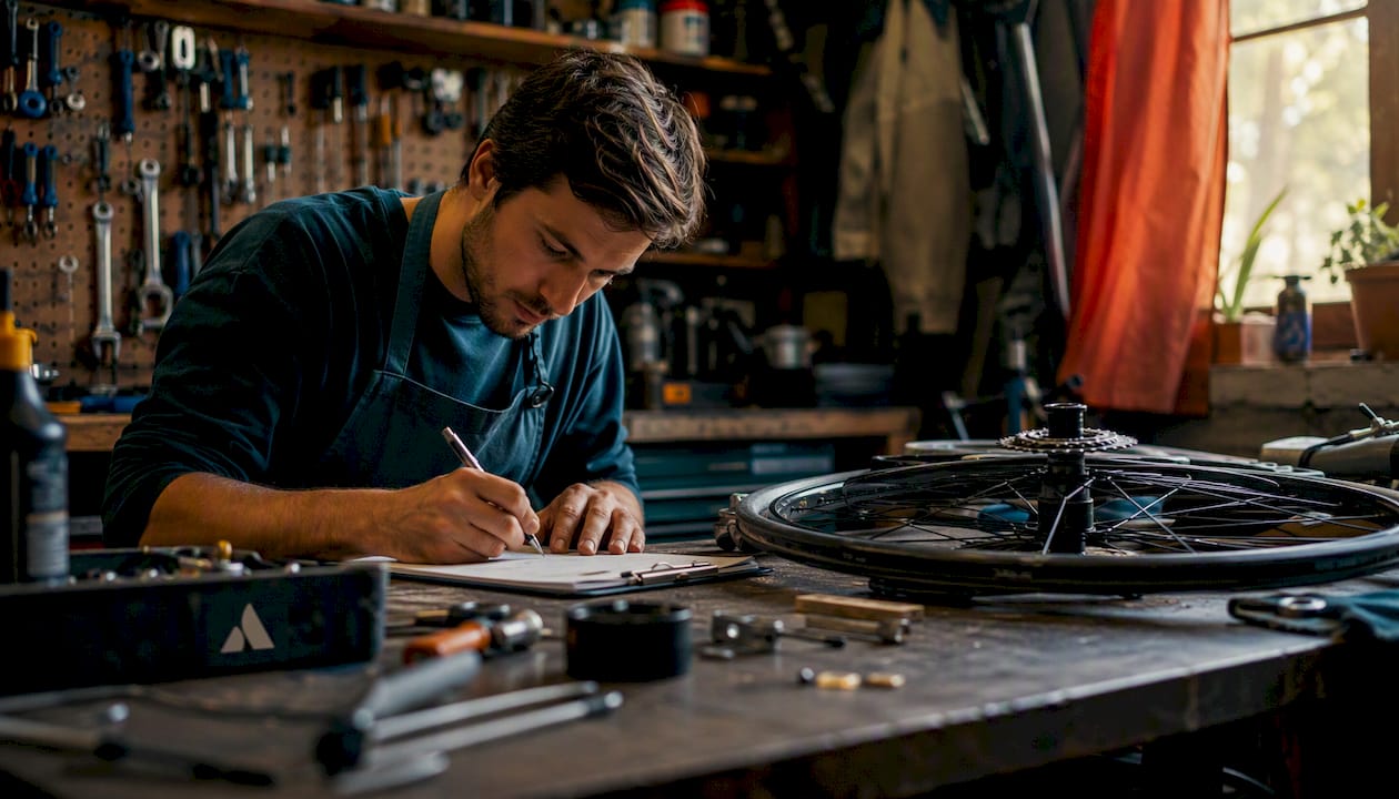 Le technicien vélo consigne les réparations effectuées à l’atelier.