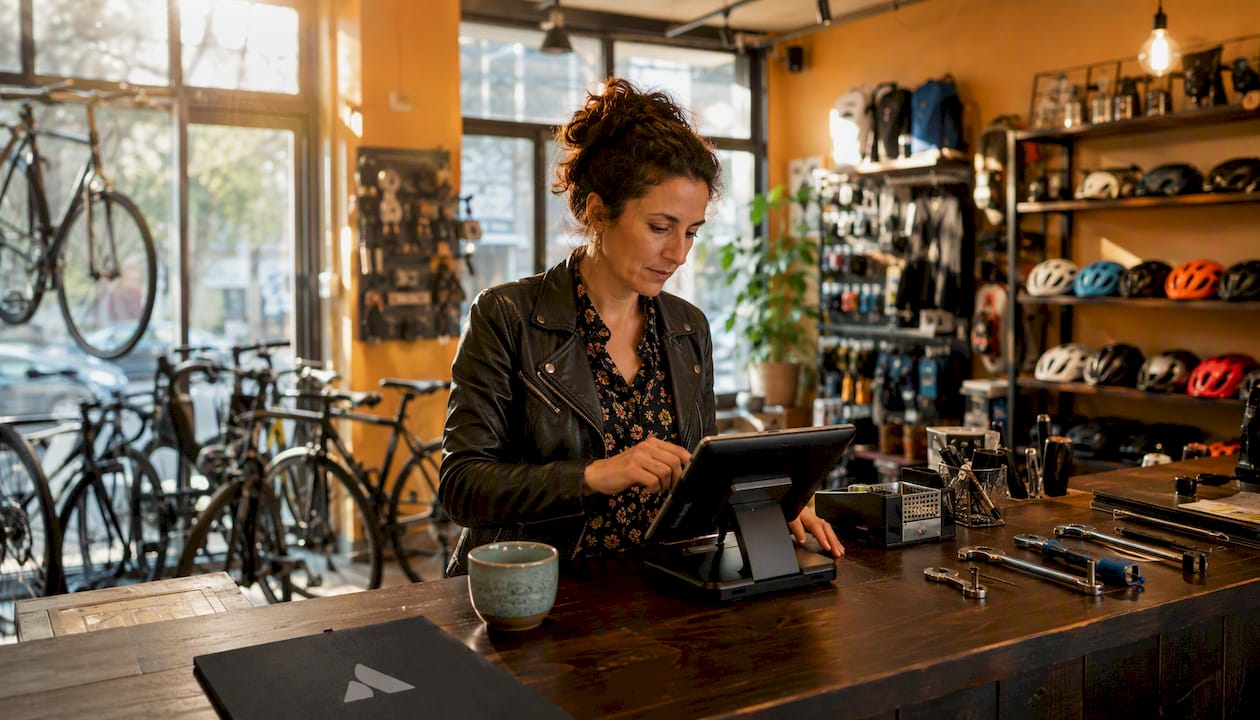 Un réparateur de vélos encaisse ses clients sur une caisse enregistreuse dernier cri au comptoir.