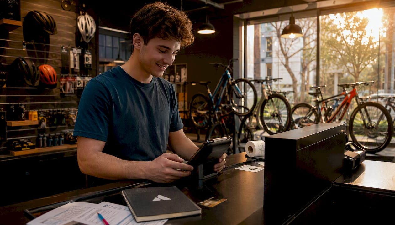 Un caissier encaisse un paiement pour une location de vélo sur un terminal électronique.