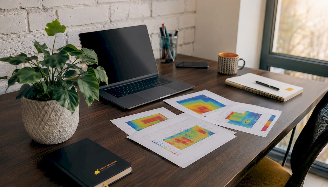 Un ordinateur portable et des plans étalés sur un bureau à l'ambiance chaleureuse.