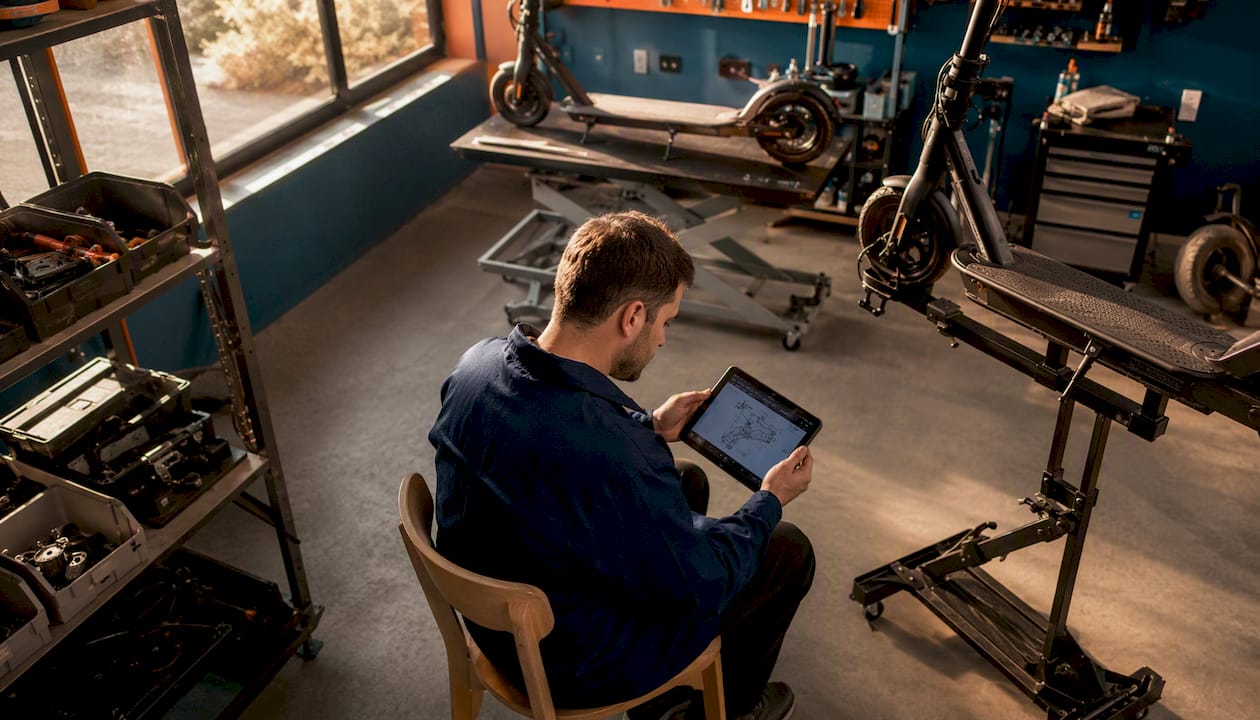Un technicien en train d’effectuer des diagnostics grâce à un logiciel spécialisé dans son atelier.