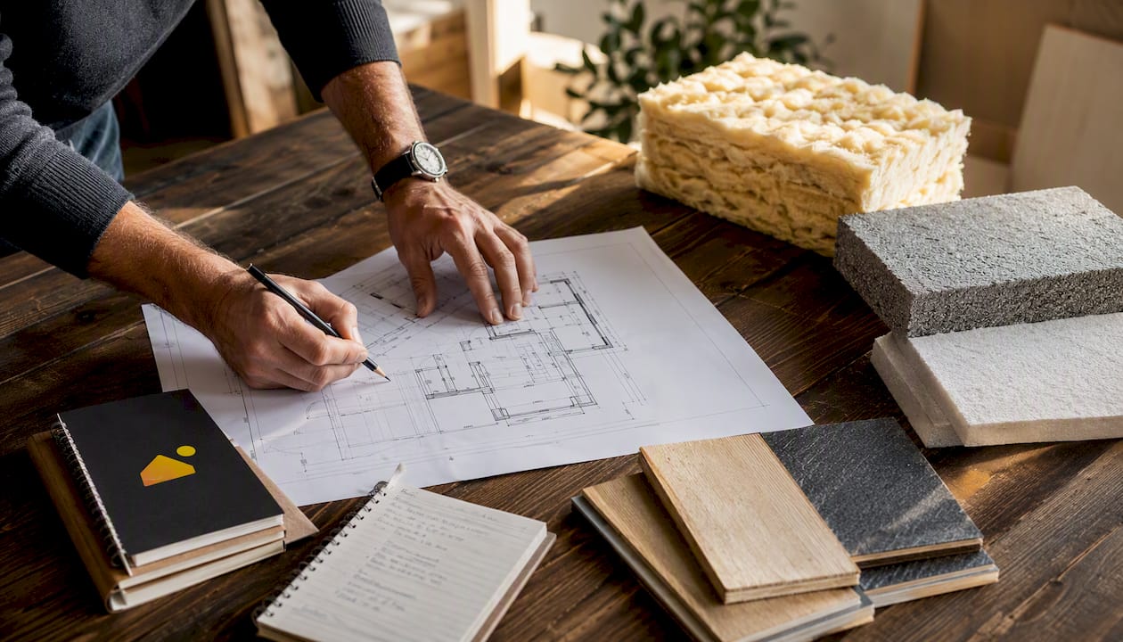 Des mains passent en revue les plans de rénovation et sélectionnent les matériaux pour le projet.