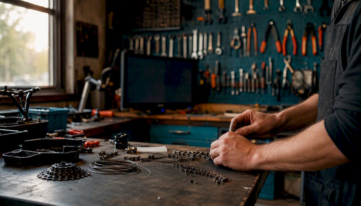 Un technicien s’affaire à trier les différentes pièces de vélo sur le comptoir de l’atelier.