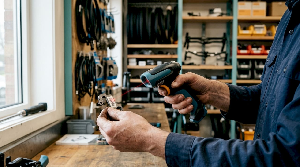 Des mains passent un lecteur de code-barres sur une pièce de vélo dans l’atelier.