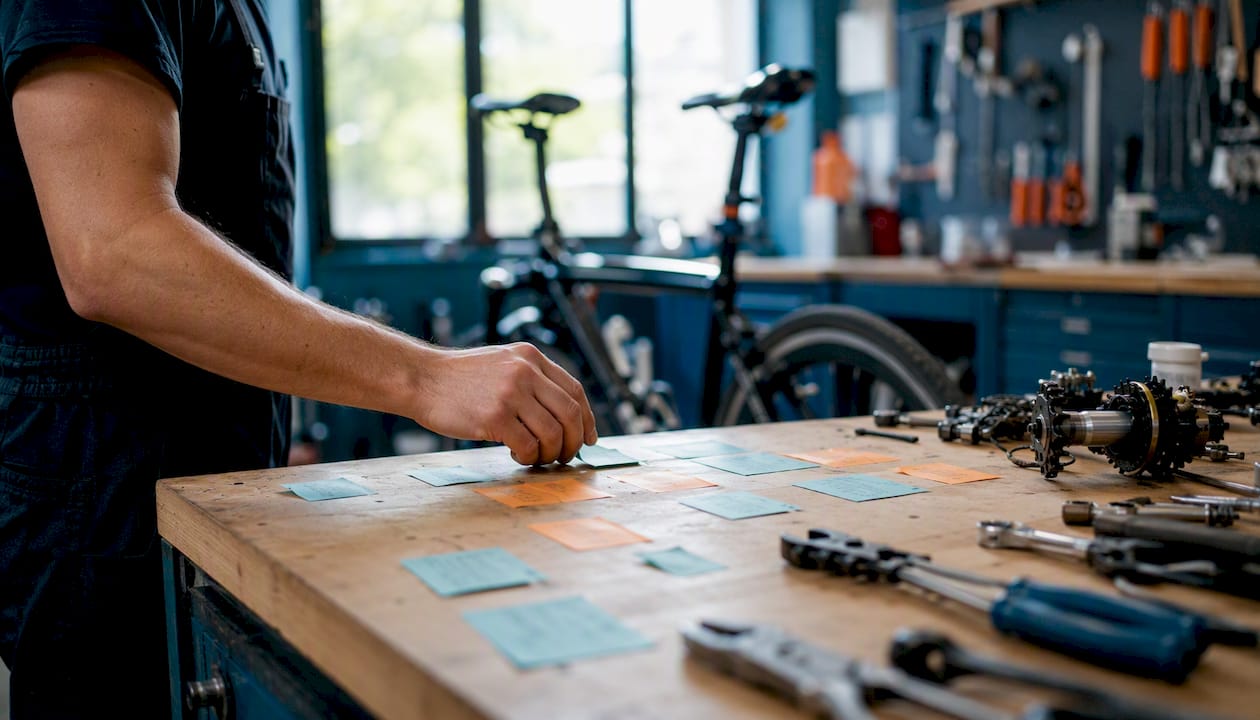 Dans l’atelier, le technicien classe soigneusement les fiches d’intervention pour les réparations de vélos.