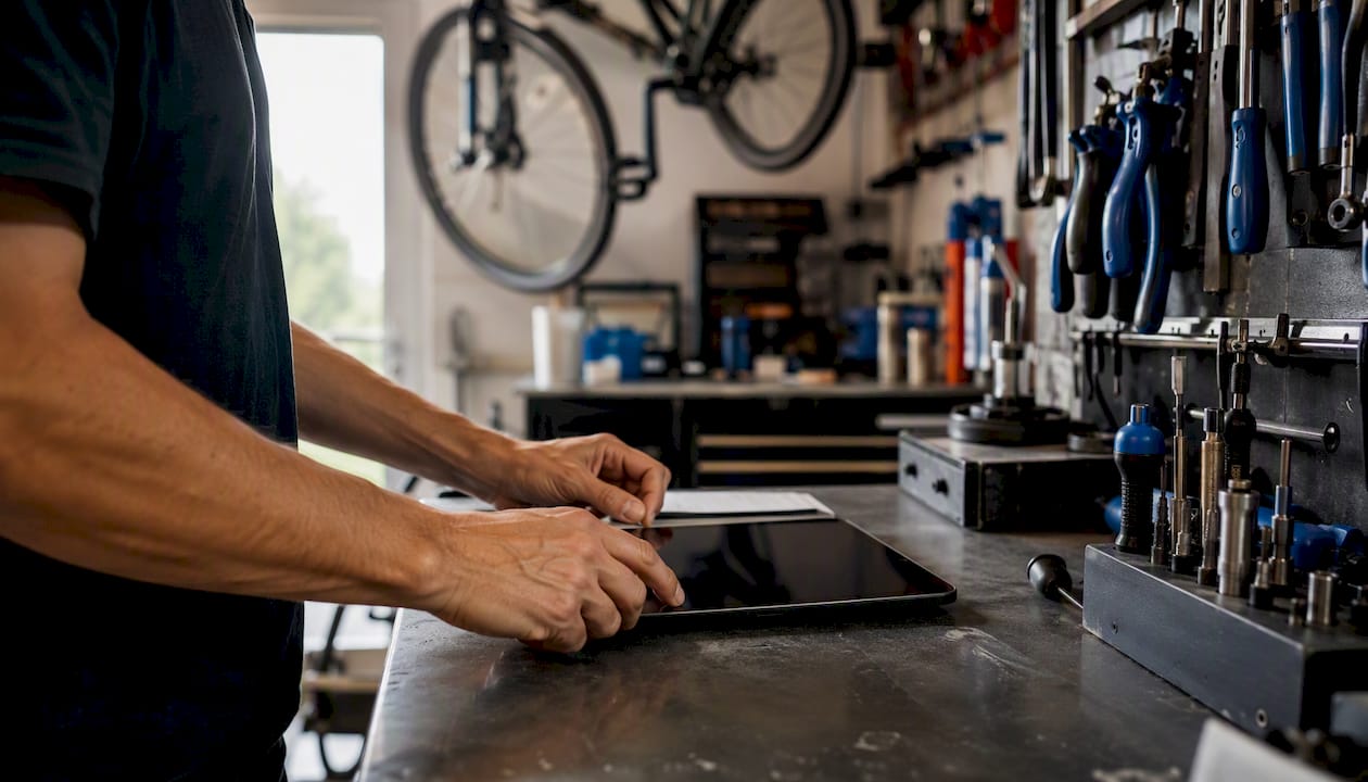 Le responsable de l’atelier vélo travaille, sa tablette posée sur le comptoir, éteinte.