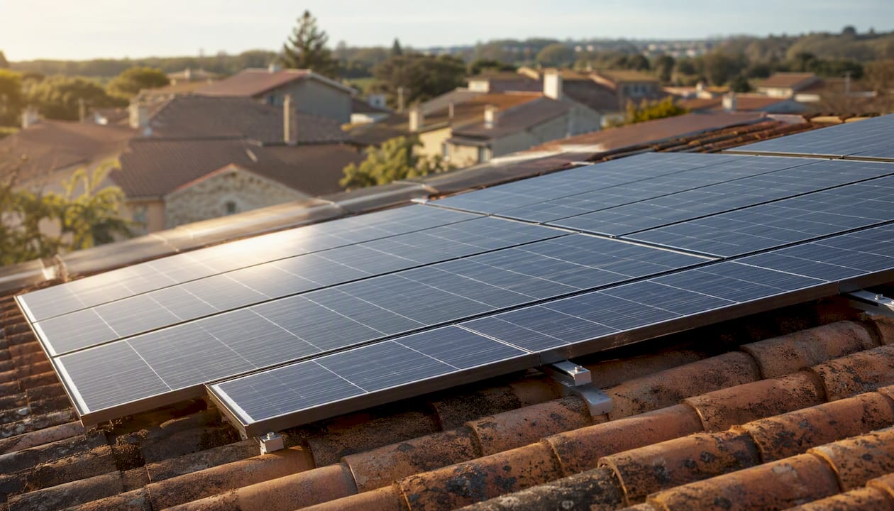 Zoom sur des panneaux solaires installés sur le toit d’une maison