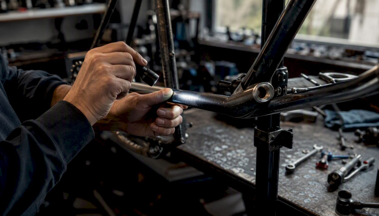 Un technicien vérifie le numéro de série du cadre d’un vélo.