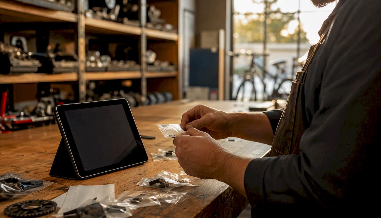 Des mains s’affairent à trier des pièces de vélo et à étiqueter chaque élément dans l’atelier.