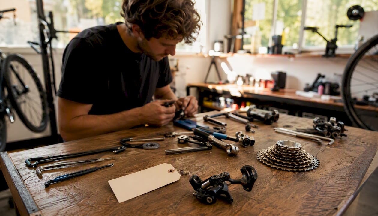 Un technicien démonte les différentes pièces d’un vélo sur son établi.