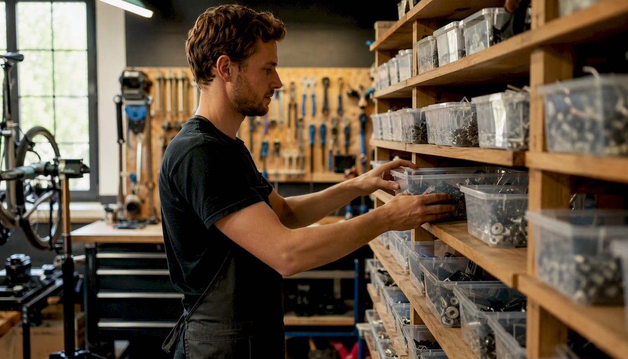 Un technicien classe soigneusement les différentes pièces de vélo dans son atelier.