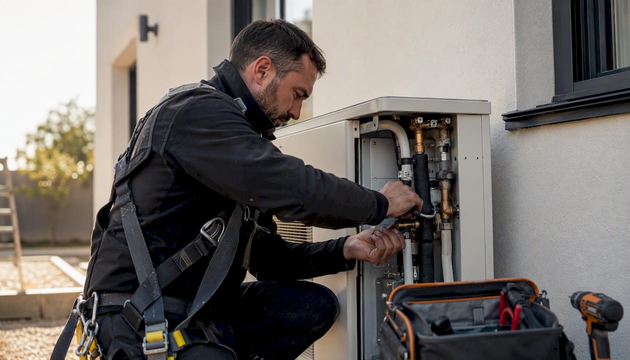 Un technicien procède à la pose des conduits d’une pompe à chaleur, équipé de son harnais de sécurité.