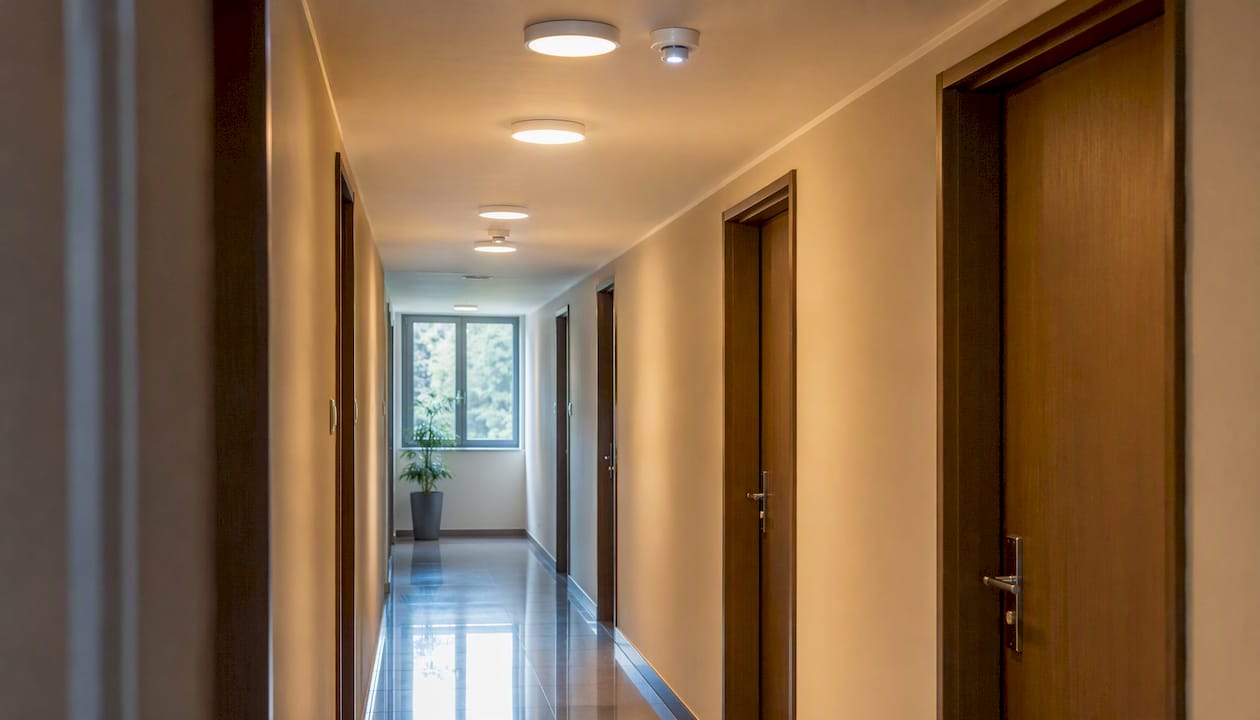 Couloir d’immeuble équipé d’un éclairage LED avec détecteurs de mouvement