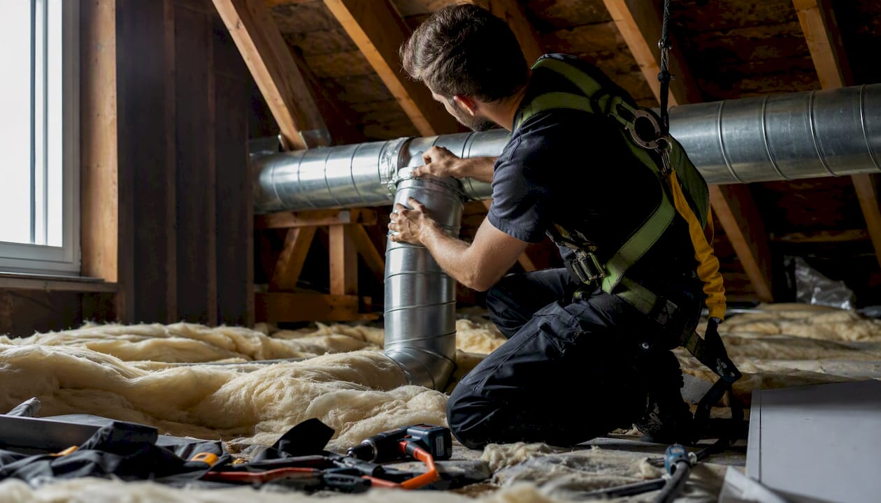 Un technicien procède à l’installation de gaines de ventilation tout en portant un harnais de sécurité.