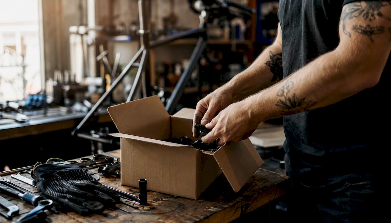 Un technicien prépare soigneusement des pièces de vélo pour leur expédition.