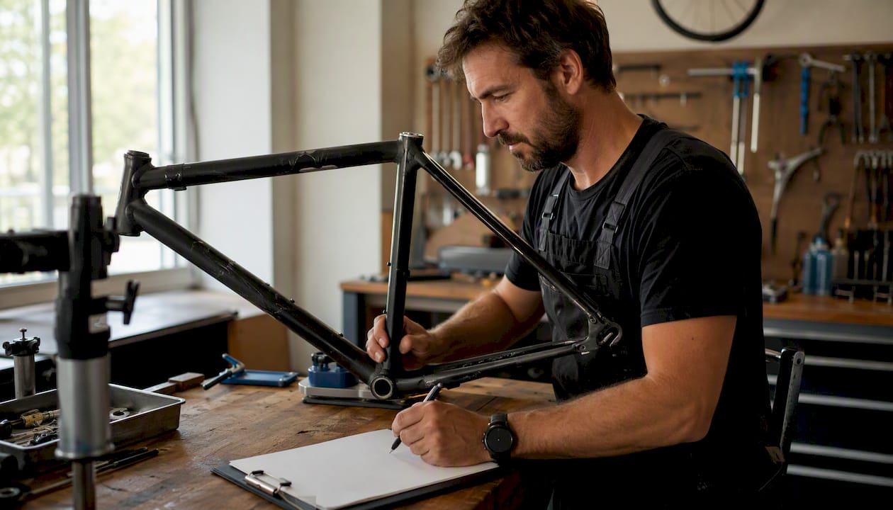 Un technicien examine minutieusement le cadre du vélo afin d’établir un devis.