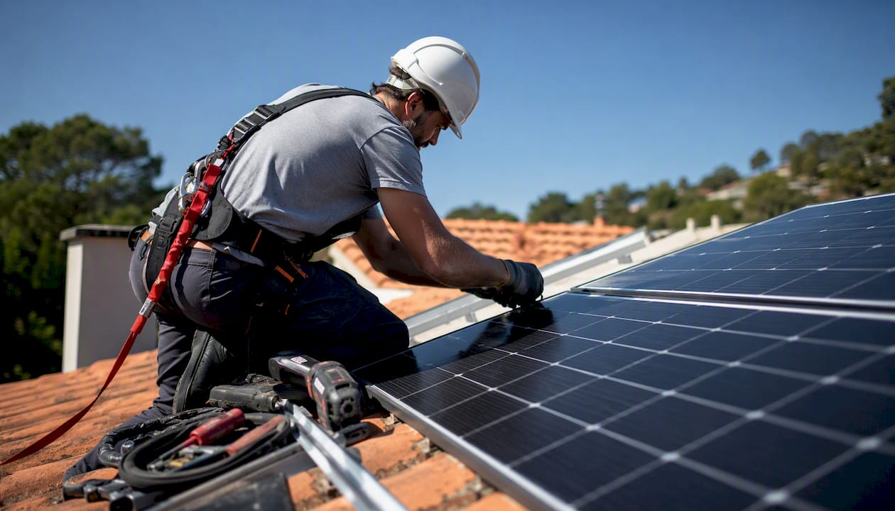 Un technicien équipé d’un harnais de sécurité procède à l’installation de panneaux solaires sur une toiture.
