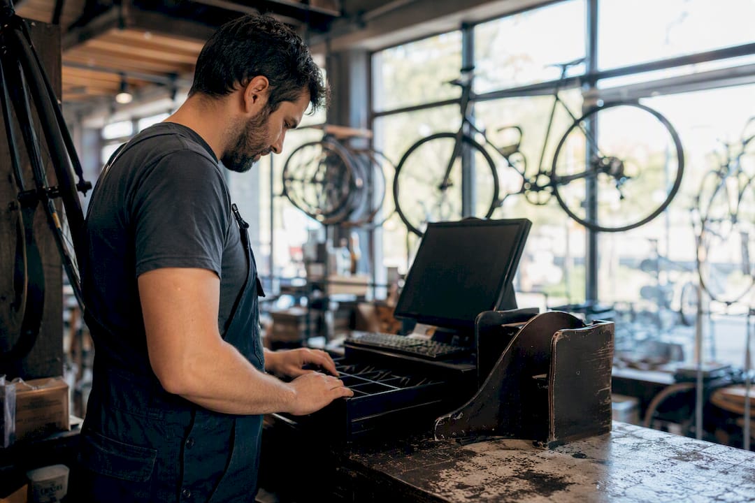 Un technicien enregistre la vente d’un vélo au comptoir du magasin.