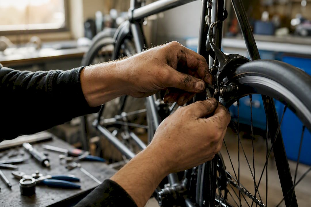 Un technicien en train de régler les freins d’un vélo.