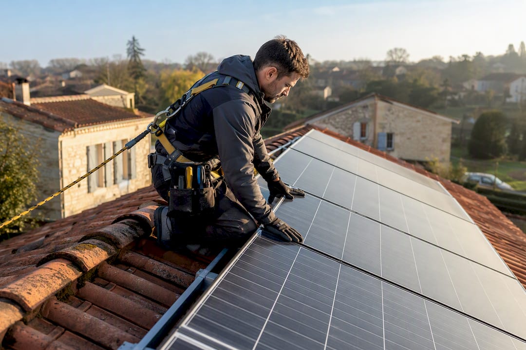 Un technicien effectue l’entretien de panneaux solaires, équipé d’un harnais de sécurité.