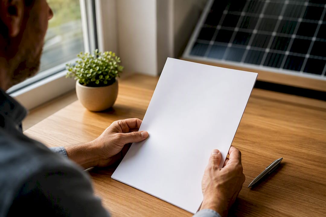Des mains feuillettent des documents liés à un projet solaire, posés sur la table du salon.