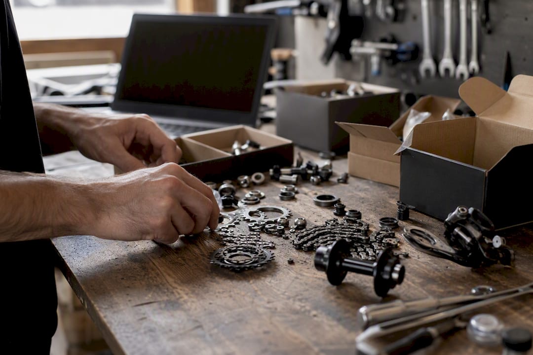 Mains manipulant des pièces de vélo dans un atelier animé