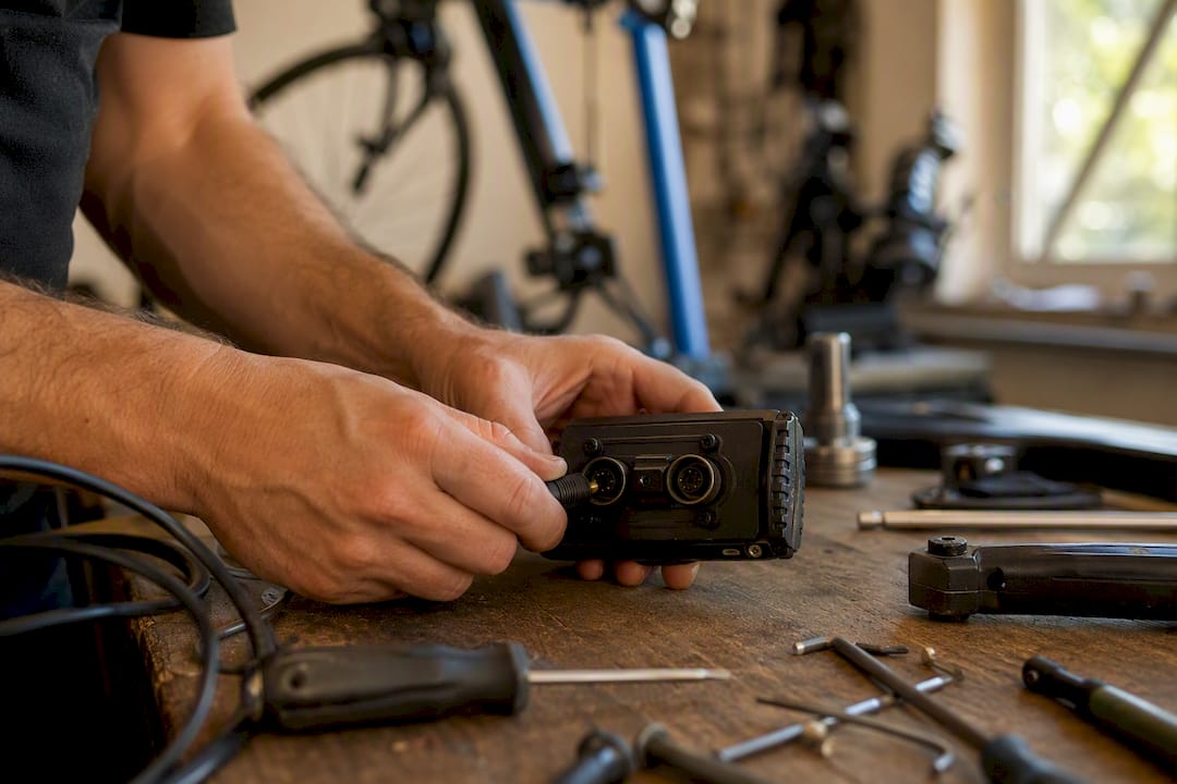 Mains d'un technicien travaillant sur le module de contrôle d'un vélo