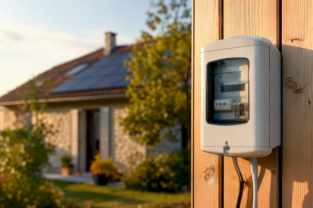 Compteur électrique devant des panneaux solaires en arrière-plan flou