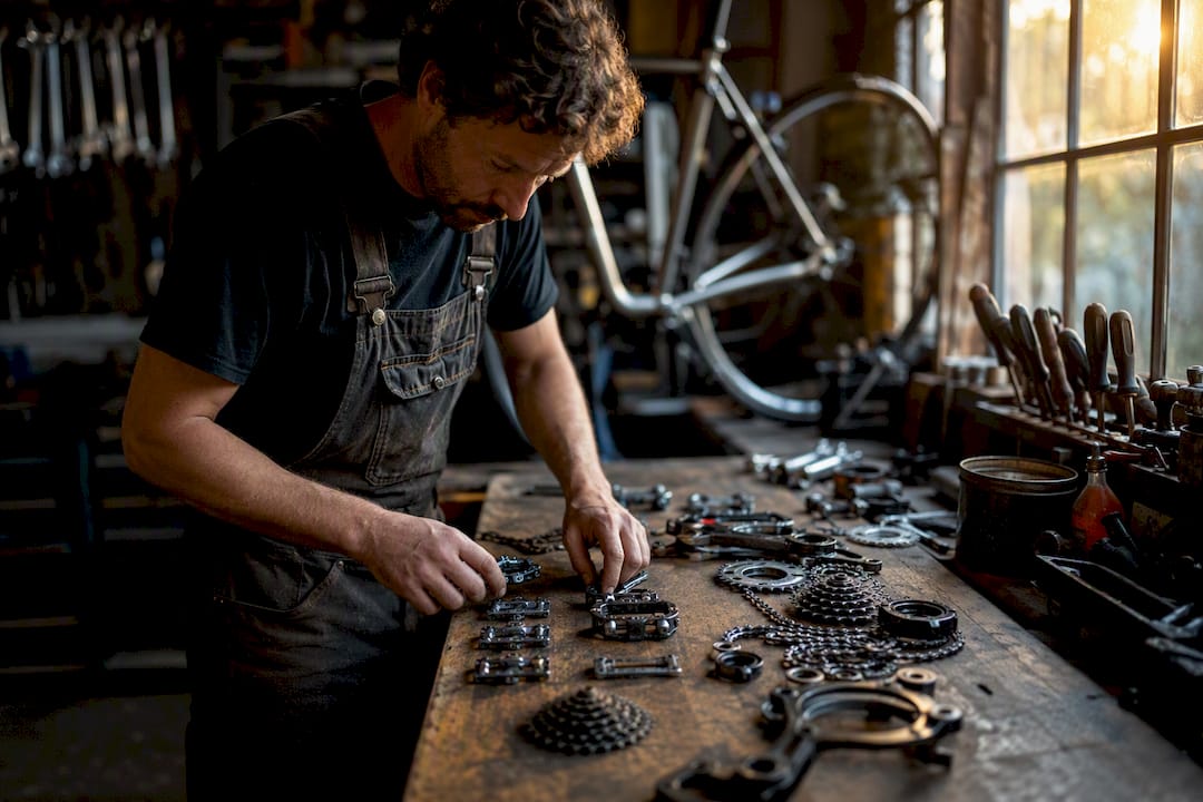Technicien comptant des pièces de vélo sur l'établi de l'atelier