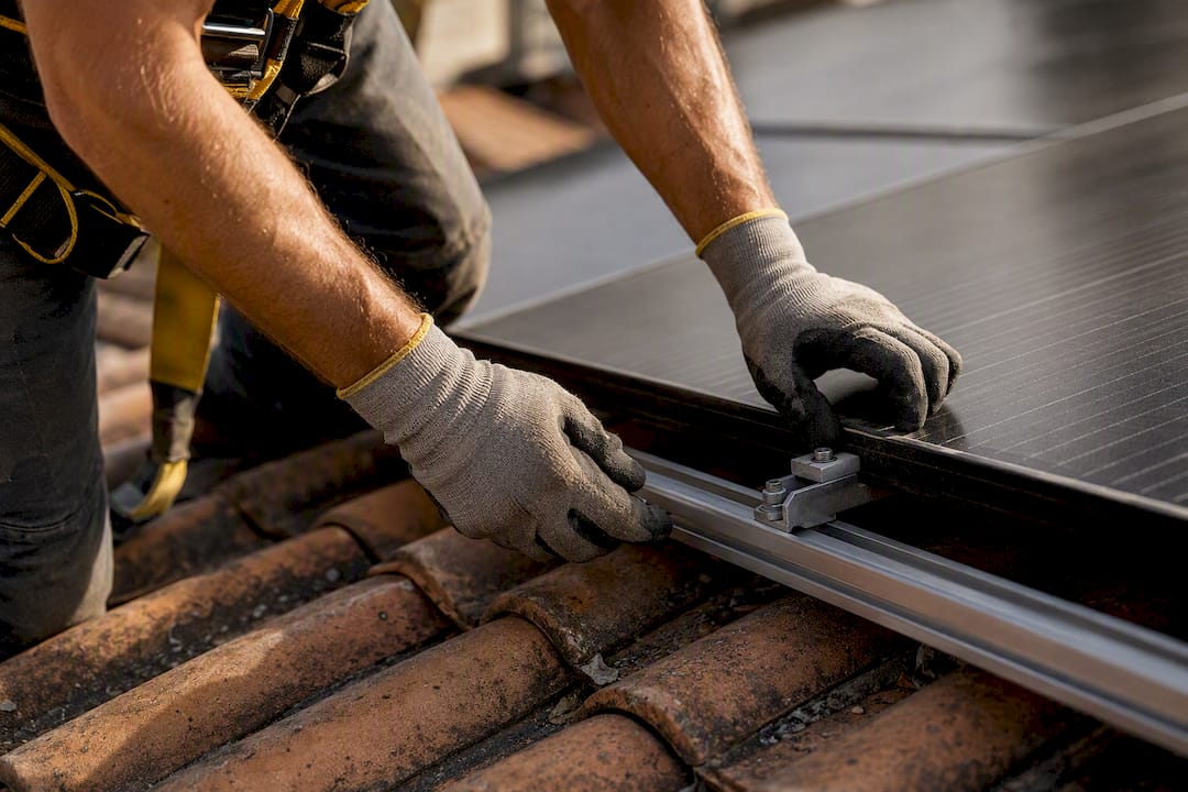 Mains d’installateur en train de poser des panneaux solaires