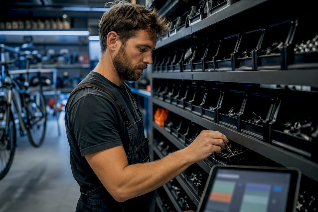 Commerçant spécialisé en vélos vérifiant ses articles en stock