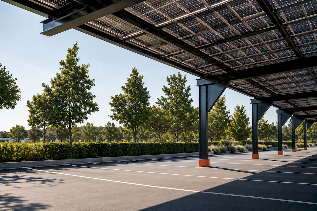 Ombrière solaire installée au-dessus d’un parking