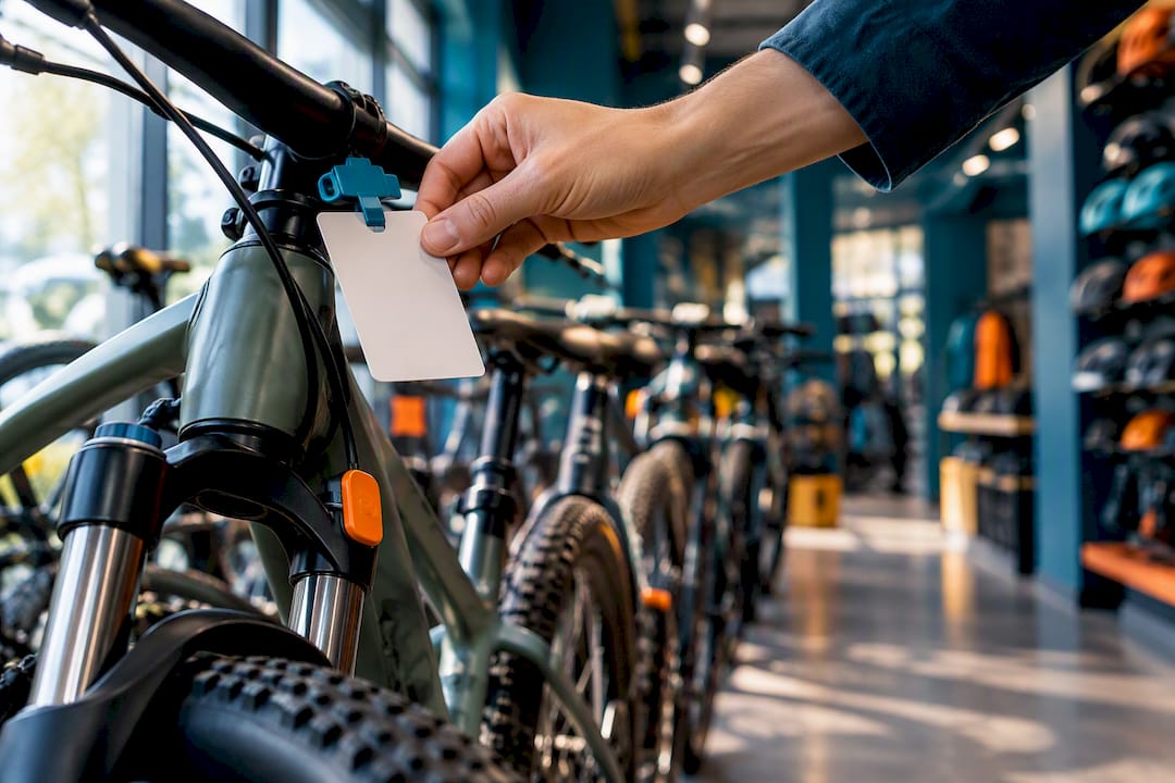 Une main posant une étiquette sur un vélo