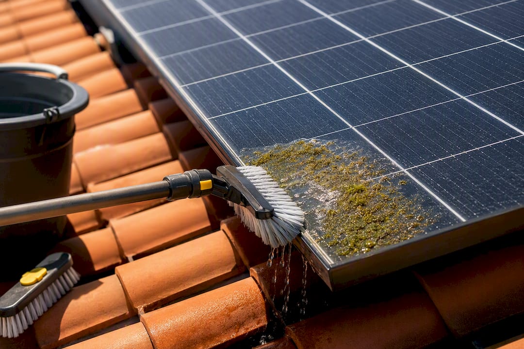 Nettoyage de mousse sur panneau photovoltaïque avec une brosse douce et de l’eau