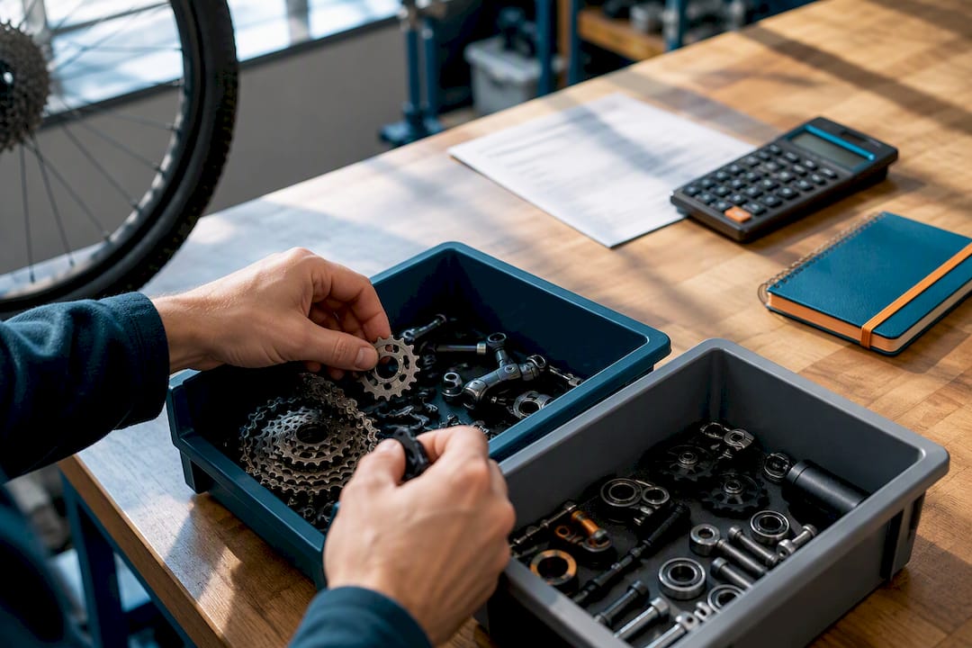 Tri des pièces dans un atelier de réparation de vélos