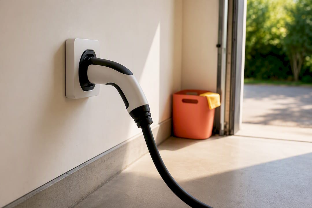 Prise de recharge solaire installée dans un garage