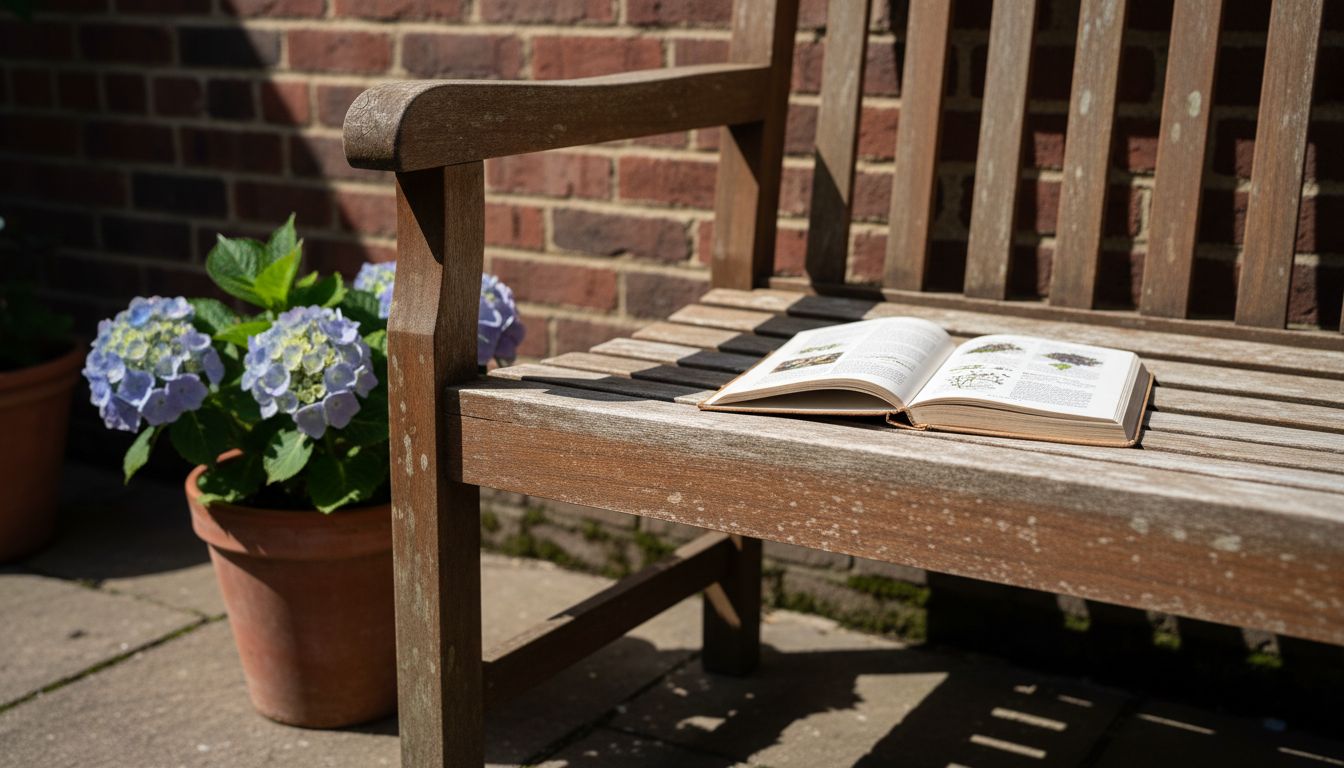 Teak bench with water stains and book