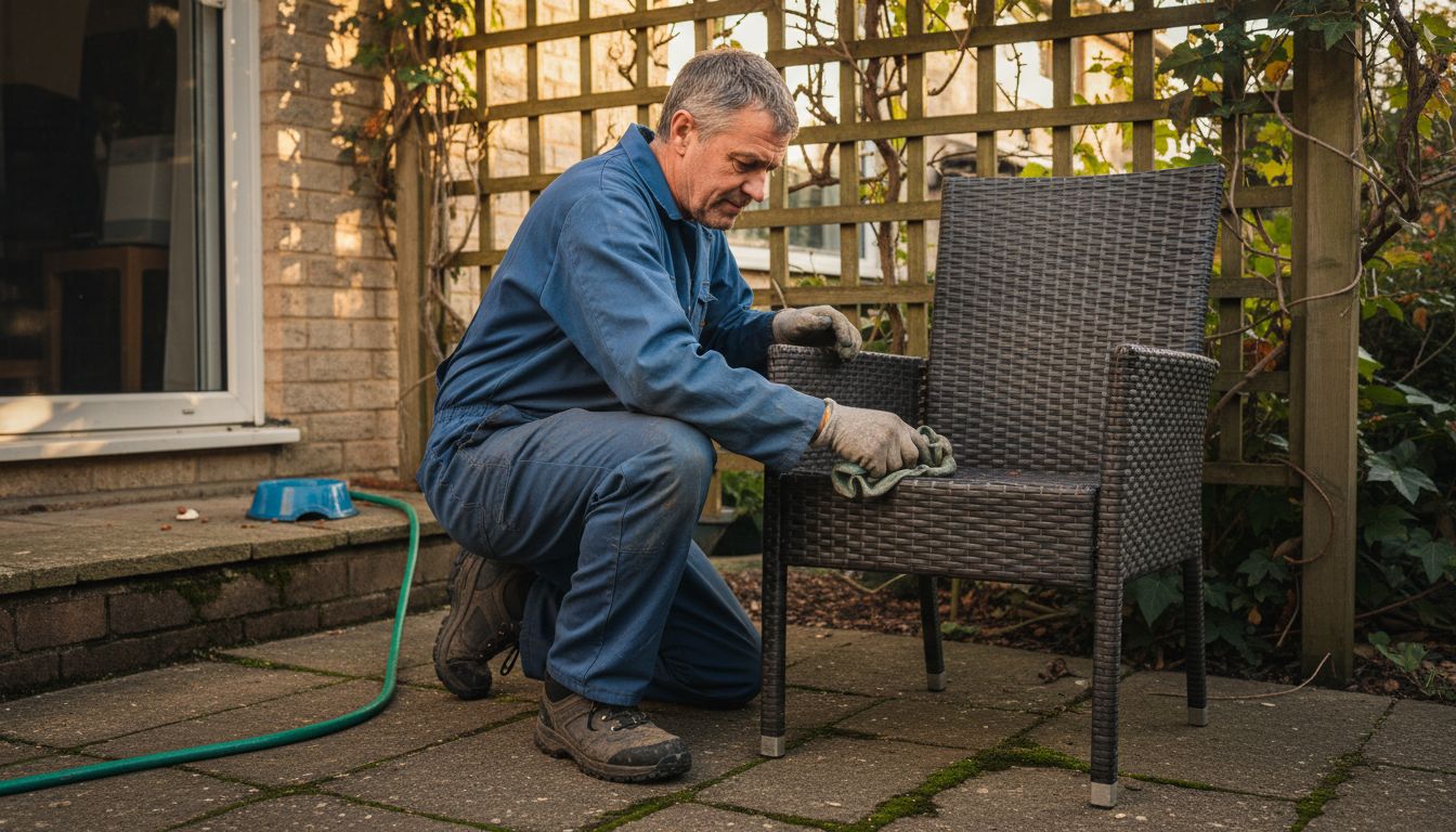 Man cleaning synthetic rattan chair on patio