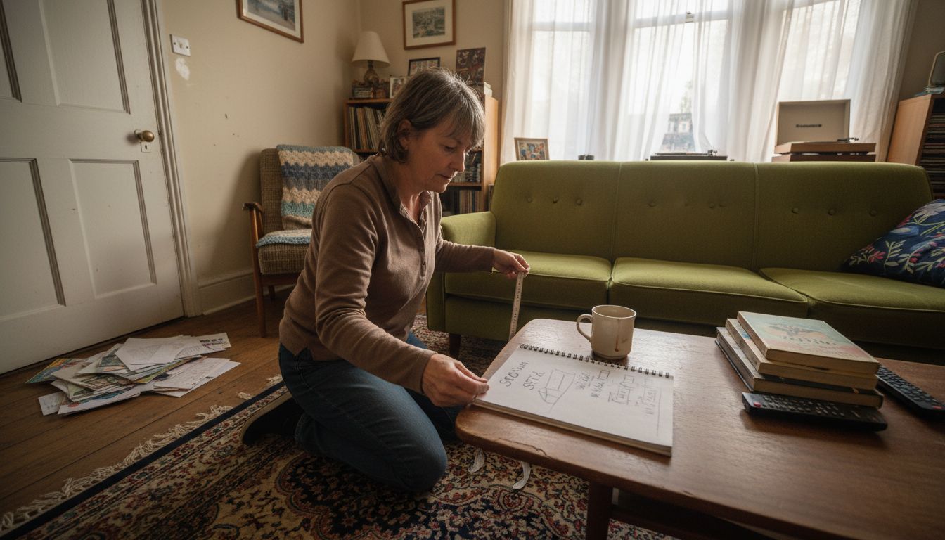 Woman measuring sofa in small UK flat